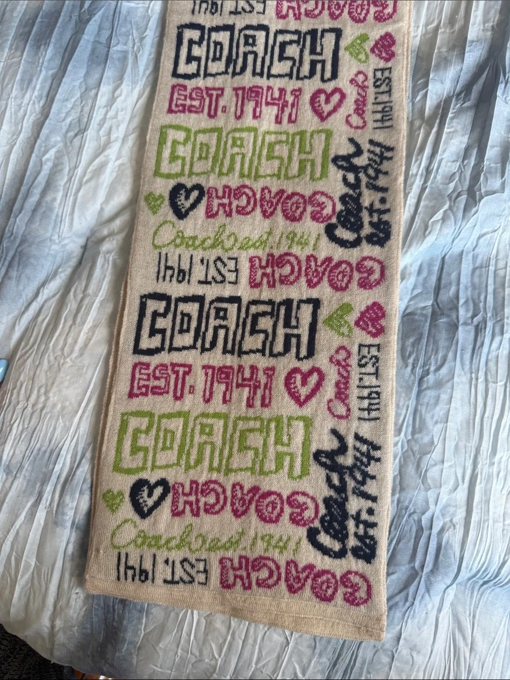 Coach Logo Print Scarf in Pink, Lime & Navy on Cream